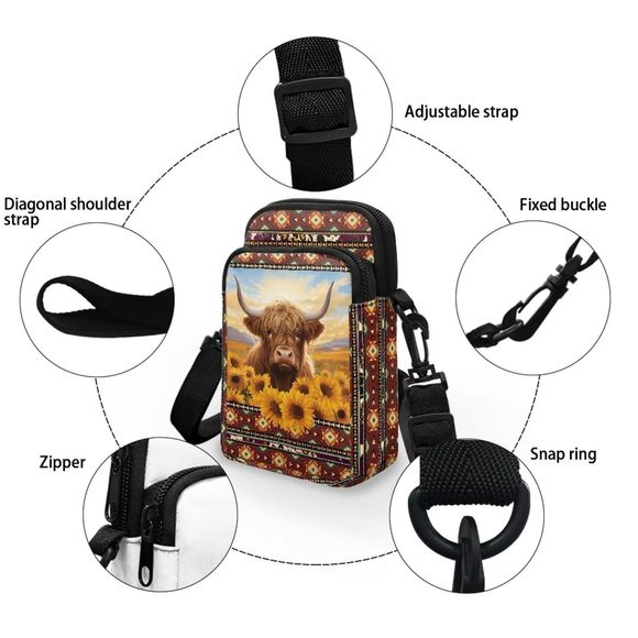 Boho Sunflower Cow Cell Phone Purse Wallet Canvas Small Crossbody Purse Bags c: - Picture 5 of 7